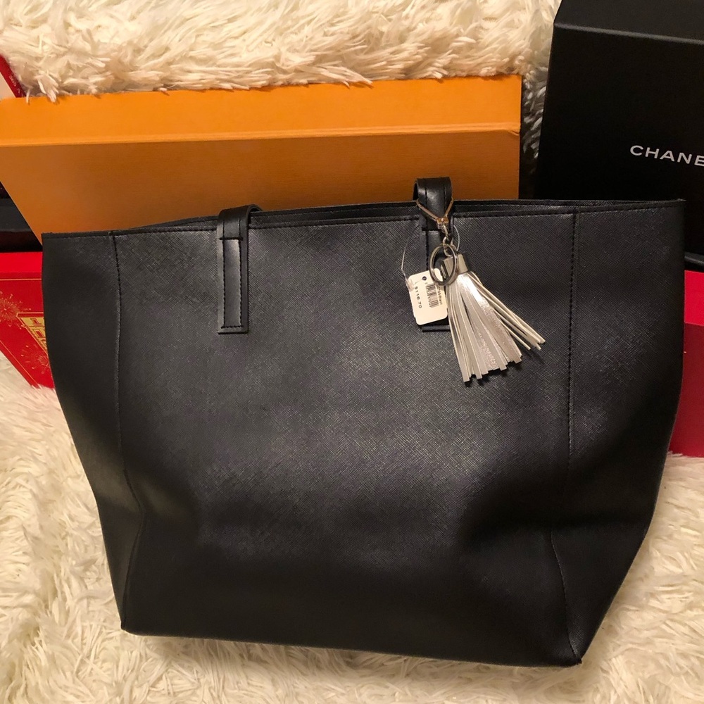 Black Leather Tote Bag with Tassel Charm